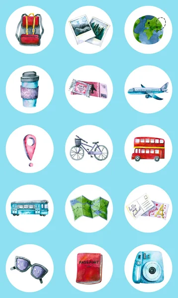 Set of watercolor travel icons. Hand painted trendy illustration — Stock Photo, Image
