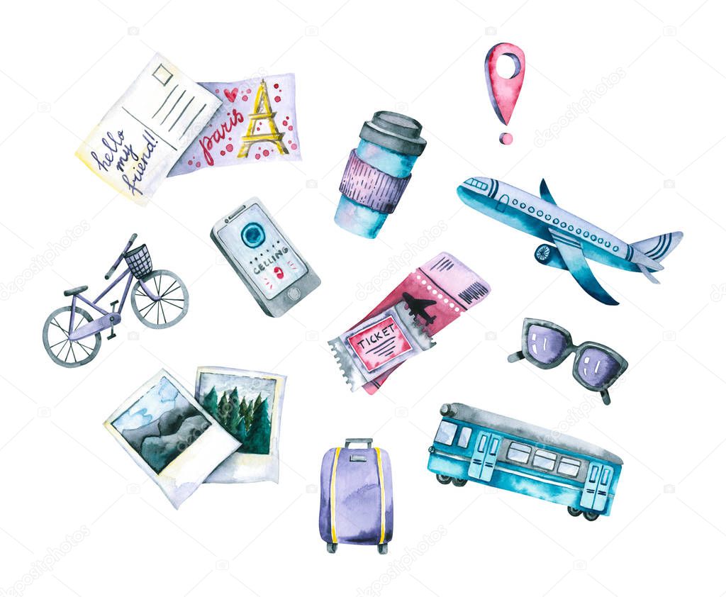 Set of watercolor travel icons. Hand painted trendy illustration