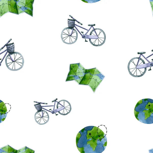 물색 자전거, 지도, 세상 이 있는 바 다 없는 패턴입니다. 손으로 그린 유행을 그린 그림 — 스톡 사진