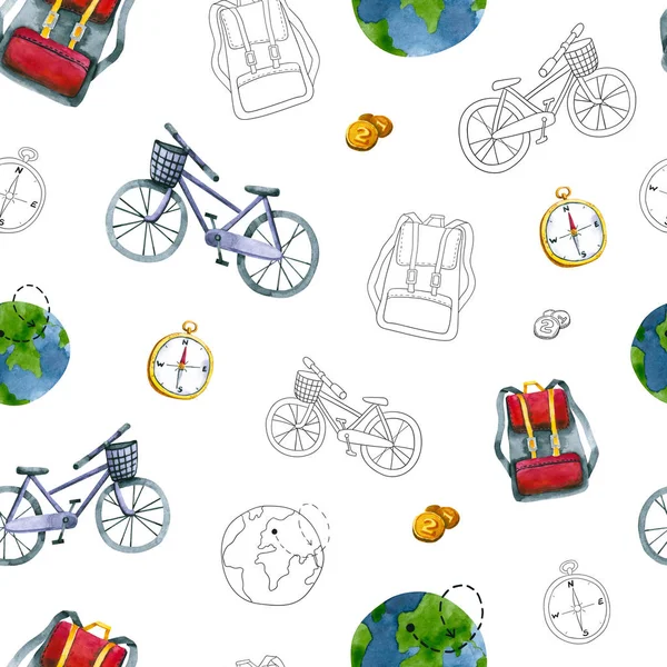 Naadloos patroon met aquarel en omtrek rugzak, fiets, kompas, munten, wereld. Handgetekende illustratie — Stockfoto