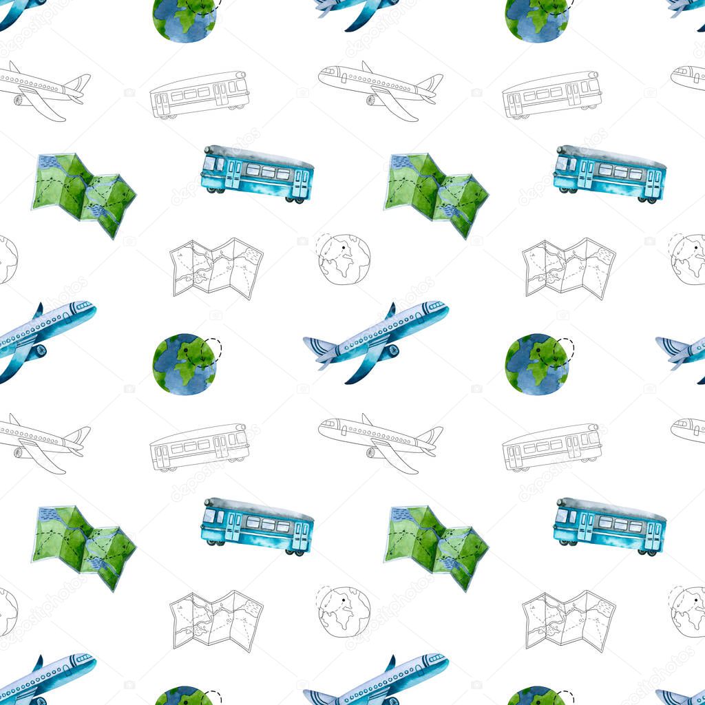 Seamless pattern with watercolor and outline plane, train, map, world. Hand painted trendy illustration