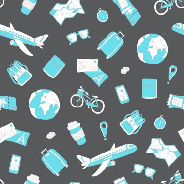 Bavul, güneş gözlüğü, bisiklet, uçak, kahve, dünya. El çizimi seyahat vektörü illüstrasyonu