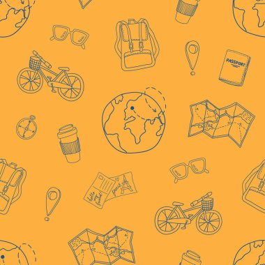 Sırt çantası, güneş gözlüğü, bisiklet, kahve, dünya. El çizimi vektör illüstrasyonu