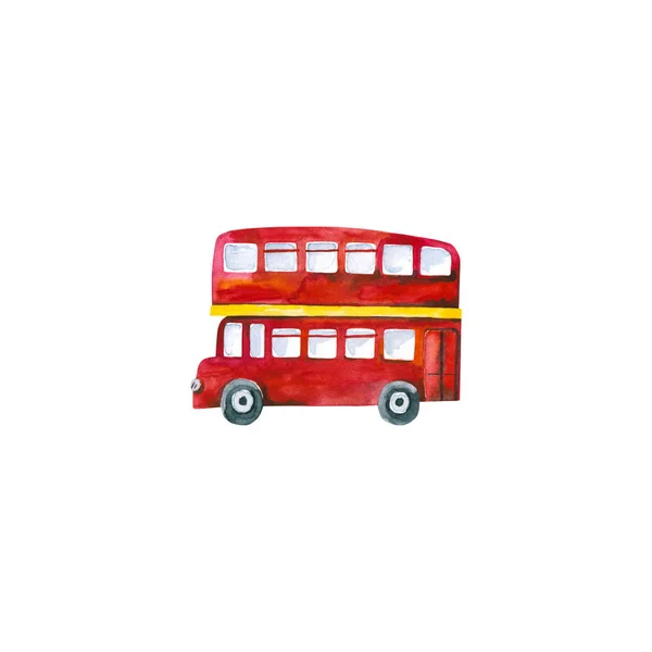 赤いバスの水彩。手描きイラスト孤立 — ストック写真