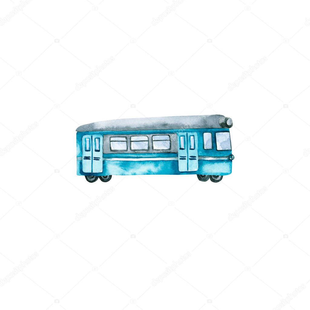 Watercolor turquoise train. Hand drawn illustration isolated