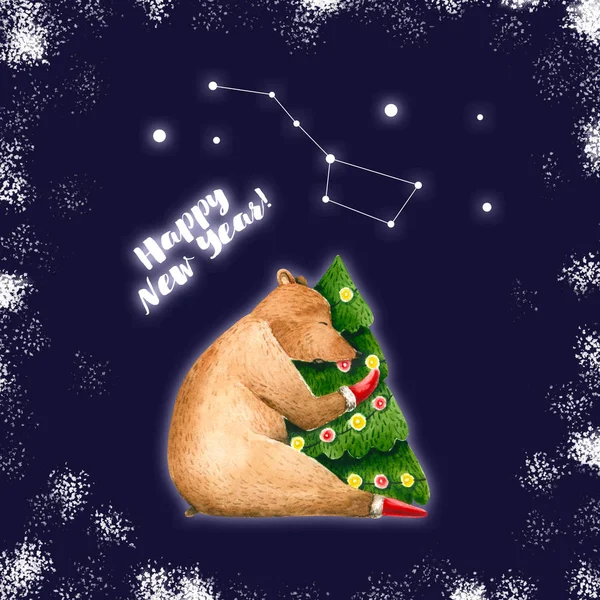 Šťastný Nový rok karta s spící akvarel medvěd a strom. Ručně kreslená ilustrace — Stock fotografie