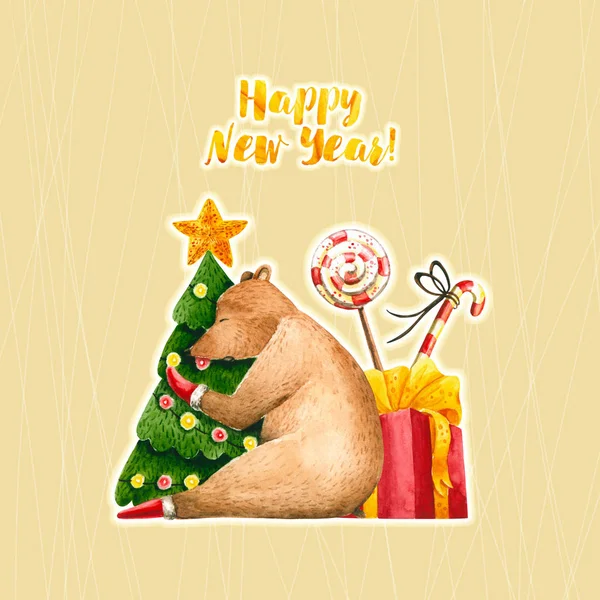 Щаслива новорічна листівка зі сплячим акварельним ведмедем, деревом, цукерками, подарунком. Мальована рука ілюстрація — стокове фото