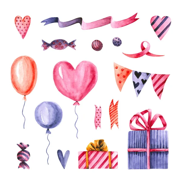 Set of watercolor balloon, heart, candy, gift, ribbon, flag. Hand drawn illustrations