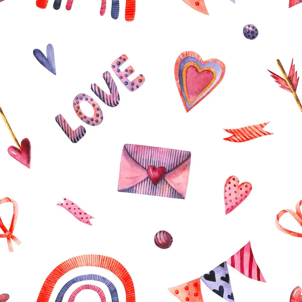 Seamless pattern with watercolor arrow, envelope, hearts, rainbow, ribbon. Hand drawn illustration — Stockfoto