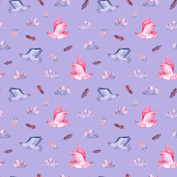 Seamless pattern with watercolor birds, clouds, feathers. Hand drawn illustration — 스톡 사진
