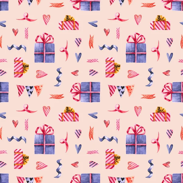 Seamless pattern with watercolor gifts, hearts, ribbons, flags. Hand drawn illustration — Stock Photo, Image