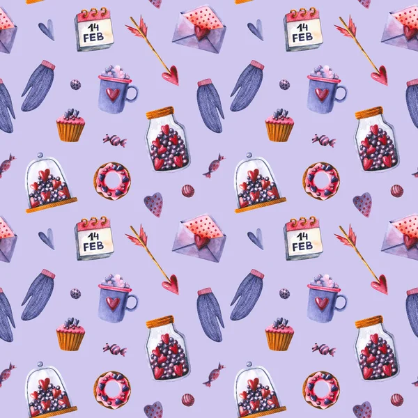 Seamless pattern with watercolor mittens, arrow, sweets, hearts, envelope. Hand drawn illustration — Stock Photo, Image