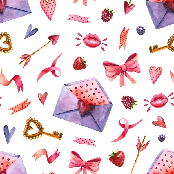 Бесшовный узор с акварелью конверт, сердце, ключ, стрелка, ягода, лента, поцелуй. Ручная иллюстрация — стоковое фото