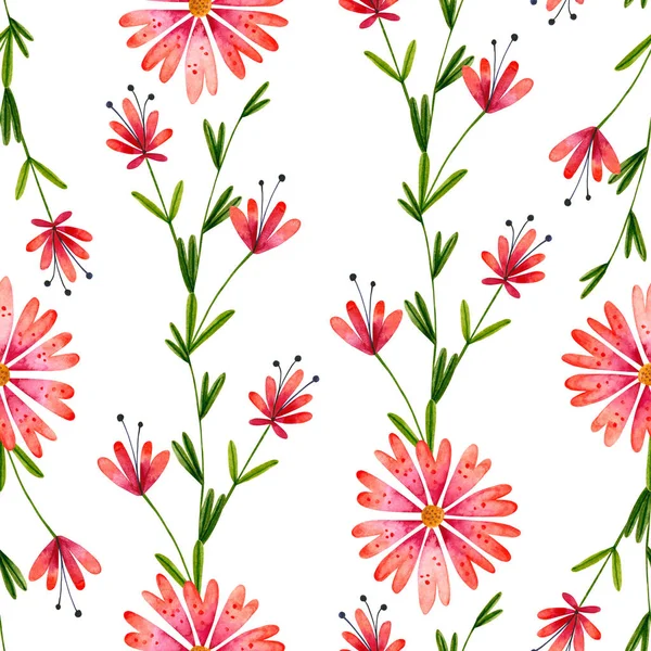 Seamless pattern of watercolor flowers and leaves. Hand drawn illustration — Stockfoto