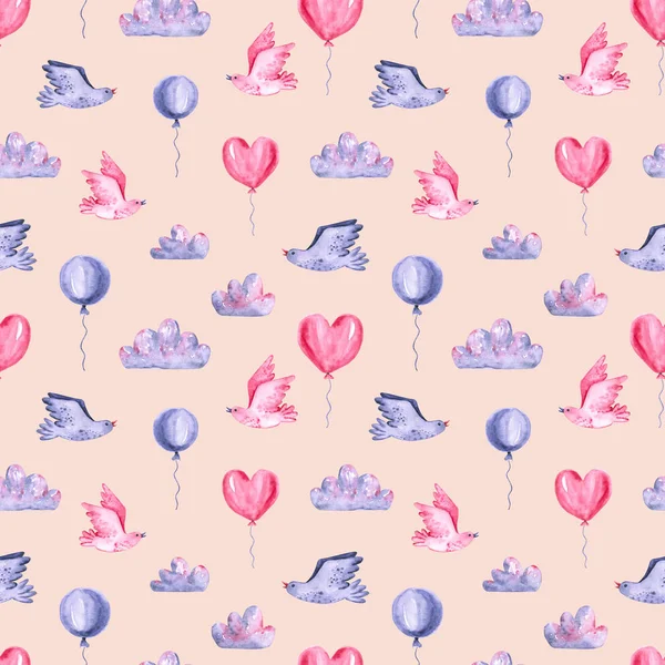 Απρόσκοπτη μοτίβο με υδρόχρωμα πουλιά, σύννεφα, μπαλόνια. Χειροποίητη απεικόνιση — Φωτογραφία Αρχείου