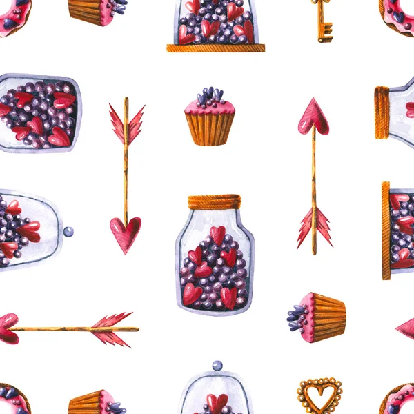 Patrón sin costuras con caramelos de acuarela, flecha, rosquilla, pastel, dulces, llave. ilustración dibujada a mano — Foto de Stock