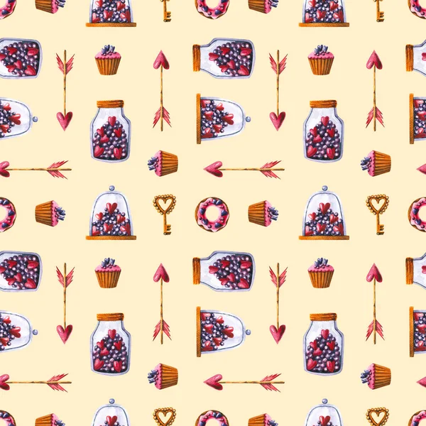 Patrón sin costuras con caramelos de acuarela, flecha, rosquilla, pastel, dulces, llave. ilustración dibujada a mano — Foto de Stock