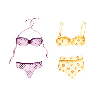 Suluboya mayolar. Yaz tatili ürünleri beyaza izole edilmiş. Şarap rengi ve zerdeçal rengi. El boyası, kart yapımı, klasik tasarım ve kumaş için mükemmel bir set. Çizim oranı