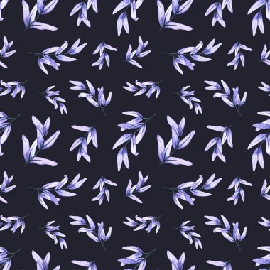 Sulu boyalı, yapraklı şeffaf dalları olan kusursuz bir desen. Karanlıkta el çizimi bir illüstrasyon. X-ray yaprağı dalı tebrik kartı, duvar kağıdı, kumaş tekstil ve iç tasarım için mükemmeldir.