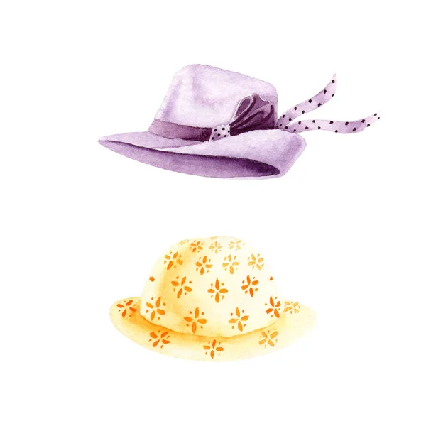 Sombreros Acuarela Artículos Vacaciones Verano Aislados Blanco Color Vino Cúrcuma —  Fotos de Stock