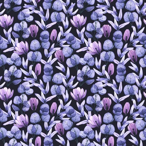 Sömlös Mönster Med Akvarell Genomskinliga Blad Och Blommor Handritad Illustration — Stockfoto