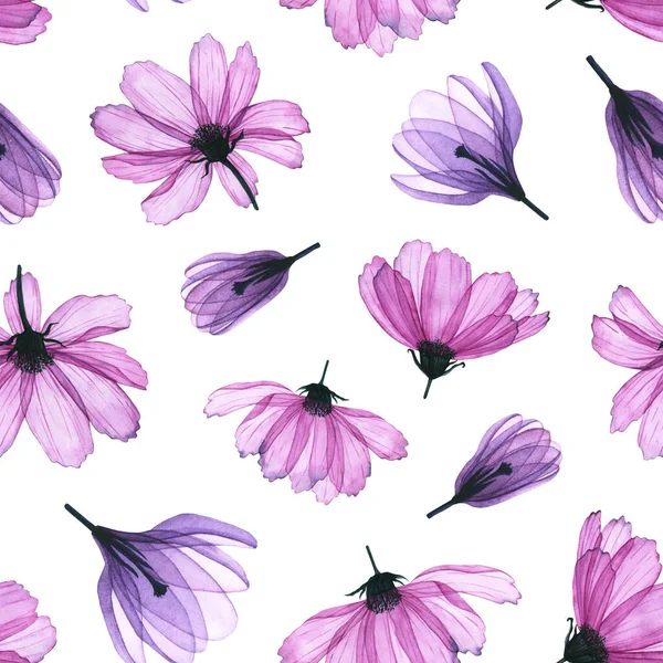 Sömlöst Mönster Med Akvarell Transparenta Blommor Handritad Illustration Isolerad Vitt — Stockfoto