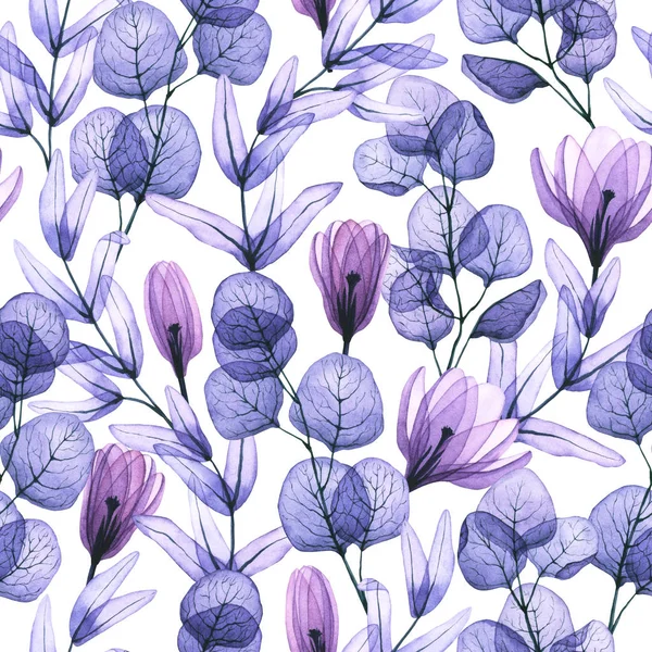 无缝图案 水彩斑斓 叶和花透明 在白色上孤立的手绘插图 X光工厂非常适合贺卡 纺织品 包装设计 — 图库照片
