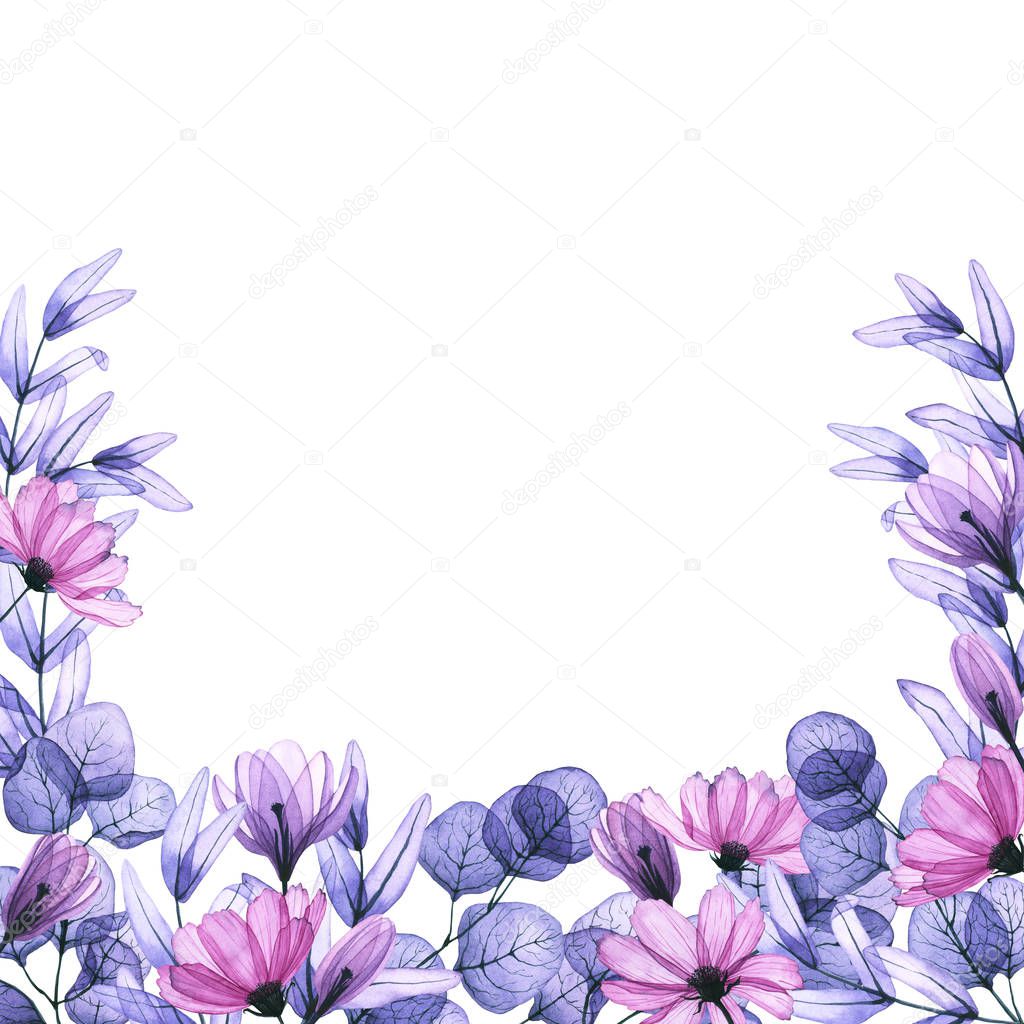 Square frame with watercolor transparent leaves and flowers. Hand drawn illustration isolated on white. Floral omposition is perfect for greeting card, wedding invitation, interior design