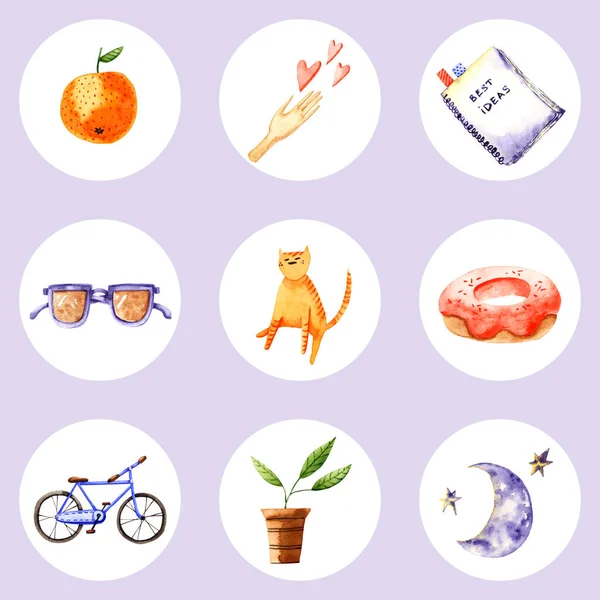 Set of watercolor icons. Hand painted trendy illustrations isolated on white circles. Collection of signs — Stock Photo, Image