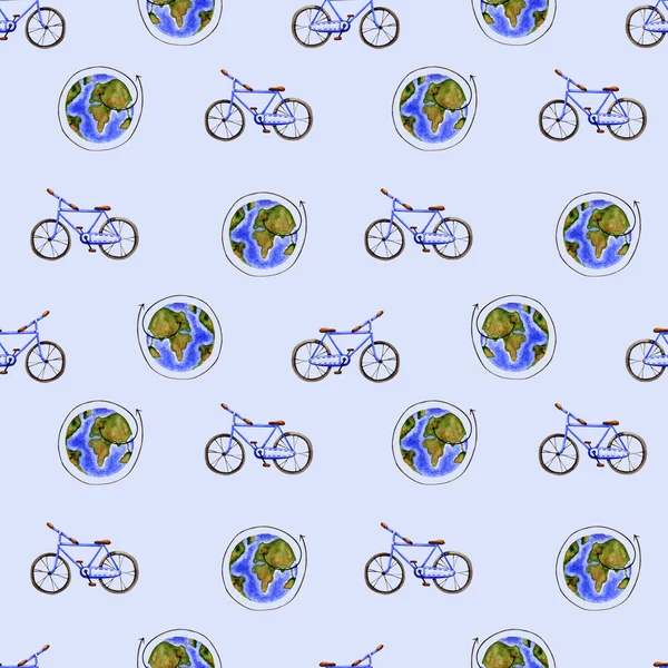 Seamless pattern of watercolor bicycle, planet Earth. Hand painted isolated colorful illustration.