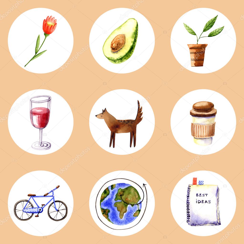 Set of watercolor icons. Hand painted trendy illustrations isolated on white circles. Collection of signs