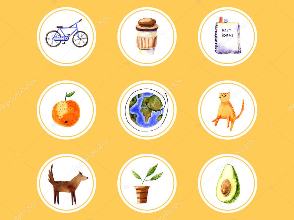 Set of watercolor icons. Hand painted bright illustrations isolated on white circles. Collection of signs