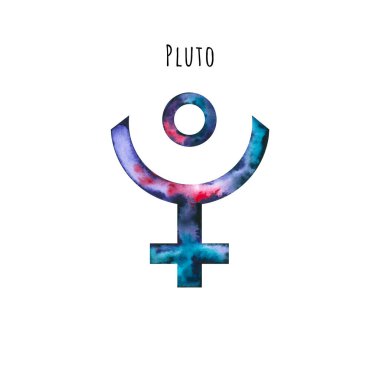 Plüton 'un suluboya sembolü. El çizimi beyaza izole edilmiş. Astrolojik işaret astrolog blogu, yıldız falı, astronomi tasarımı, kozmik kart için mükemmel.