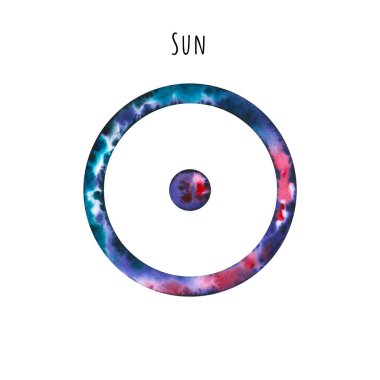 Güneşin suluboya sembolü. El çizimi beyaza izole edilmiş. Astrolojik işaret astrolog blogu, yıldız falı, astronomi tasarımı, kozmik kart için mükemmel.