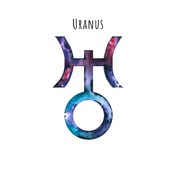 Símbolo Aquarela Urano Ilustração Desenhada Mão Isolada Branco Sinal Astrológico — Fotografia de Stock