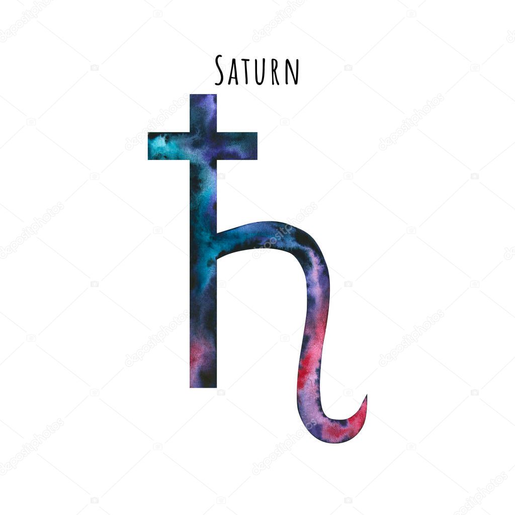 Watercolor symbol of Saturn. Hand drawn illustration is isolated on white. Astrological sign is perfect for astrologer blog, horoscope background, astronomy design, cosmic card