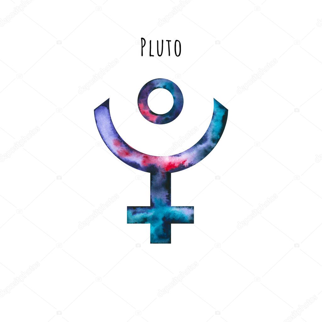 Watercolor symbol of Pluto. Hand drawn illustration is isolated on white. Astrological sign is perfect for astrologer blog, horoscope background, astronomy design, cosmic card