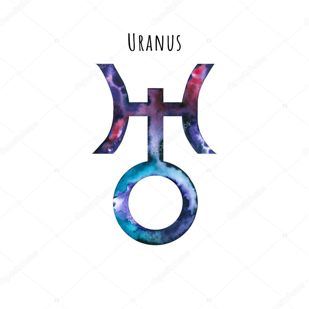 Watercolor symbol of Uranus. Hand drawn illustration is isolated on white. Astrological sign is perfect for astrologer blog, horoscope background, astronomy design, cosmic card