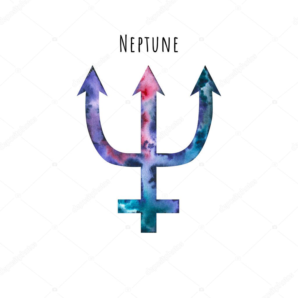 Watercolor symbol of Neptune. Hand drawn illustration is isolated on white. Astrological sign is perfect for astrologer blog, horoscope background, astronomy design, cosmic card