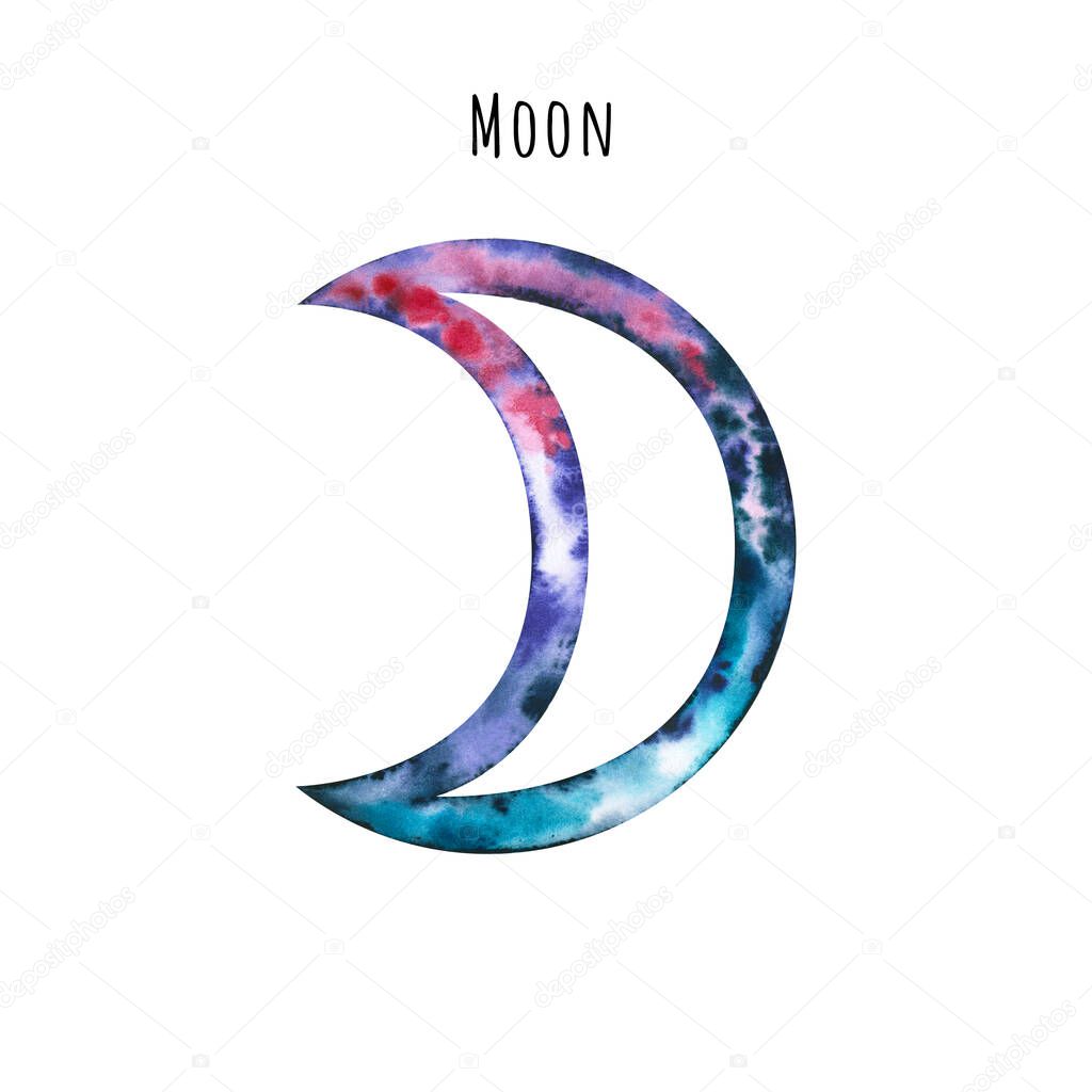 Watercolor symbol of Moon. Hand drawn illustration is isolated on white. Astrological sign is perfect for astrologer blog, horoscope background, astronomy design, cosmic card