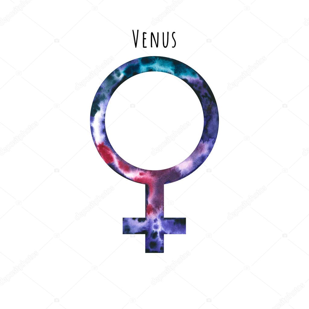 Watercolor symbol of Venus. Hand drawn illustration is isolated on white. Astrological sign is perfect for astrologer blog, horoscope background, astronomy design, cosmic card