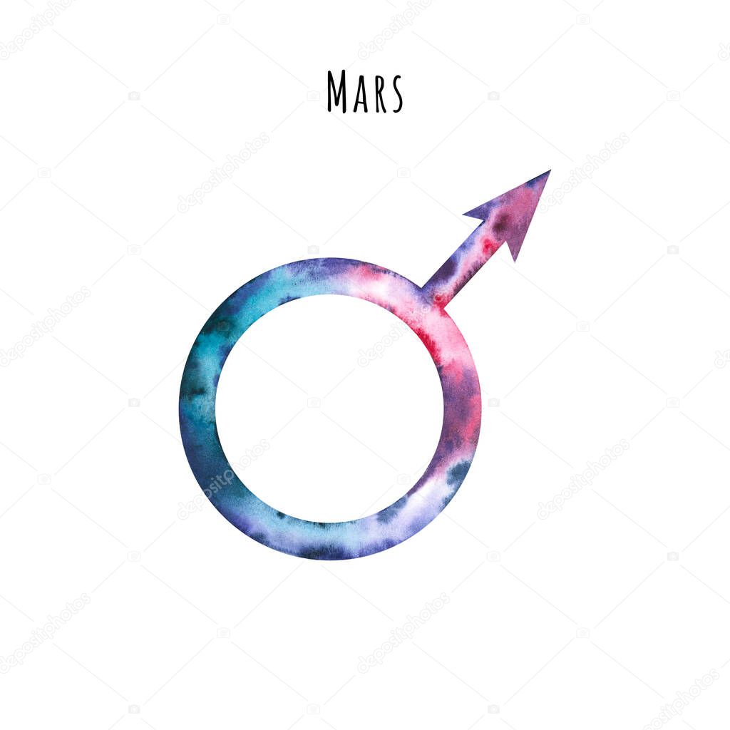 Watercolor symbol of Mars. Hand drawn illustration is isolated on white. Astrological sign is perfect for astrologer blog, horoscope background, astronomy design, cosmic card