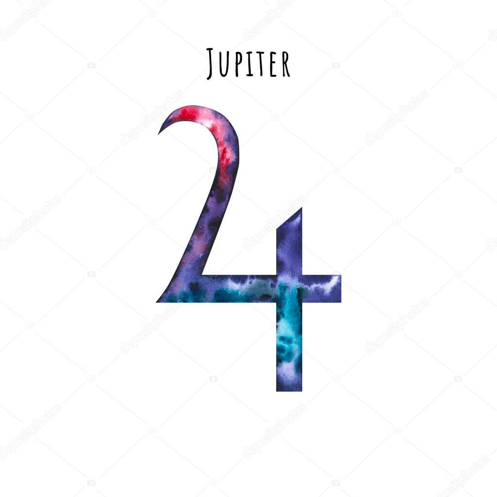 Watercolor symbol of Jupiter. Hand drawn illustration is isolated on white. Astrological sign is perfect for astrologer blog, horoscope background, astronomy design, cosmic card