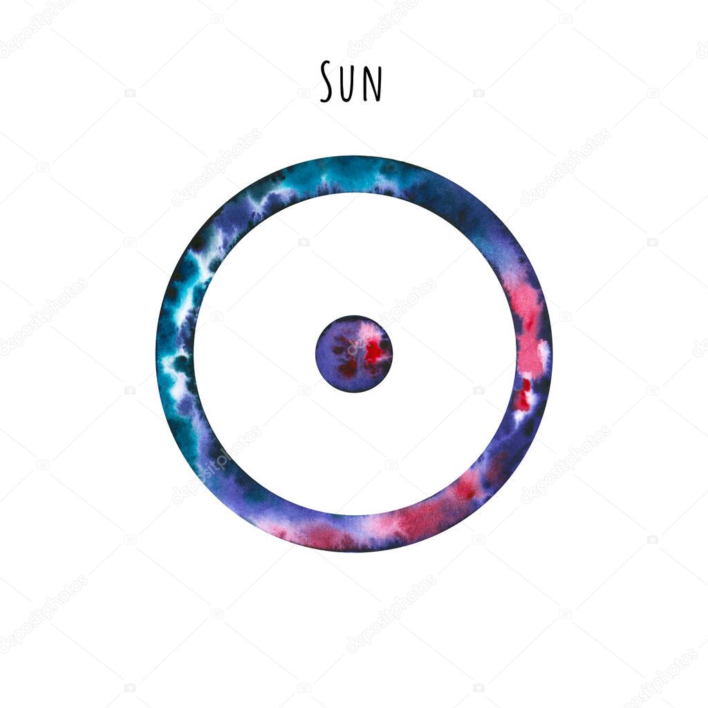 Watercolor symbol of Sun. Hand drawn illustration is isolated on white. Astrological sign is perfect for astrologer blog, horoscope background, astronomy design, cosmic card