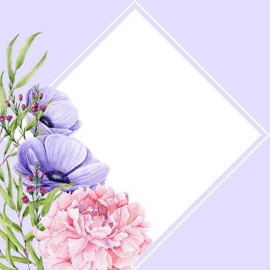 Suluboya şakayık, şakayık, okaliptüs ve chamelaucium filiz içeren bir kart. Elle boyanmış çiçekli Rhombus çerçevesi düğün davetiyesi, tebrik kartı ve kumaş tekstil için mükemmel.