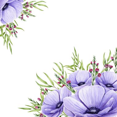 Bir buket şakayık, okaliptüs filizi ve beyaz üzerine izole edilmiş chamelaucium. Elle boyanmış çiçekler ve yapraklar düğün davetiyesi, tebrik kartı ve kumaş tekstili için mükemmel. Görüntü