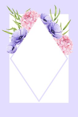 Suluboya şakayıklar, şakayıklar, okaliptüs Nicholii salkımları olan bir kart. Elle boyanmış çiçekli Rhombus çerçevesi düğün davetiyesi, tebrik kartı ve kumaş kumaşı için mükemmel. Görüntü