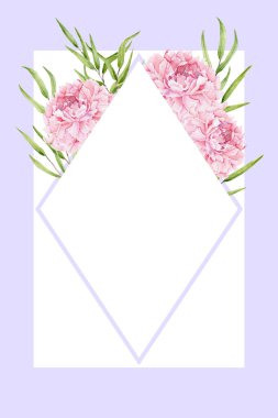 Üzerinde suluboya şakayıklar ve okaliptüs niholii filizi olan bir kart. Elle boyanmış çiçekli Rhombus çerçevesi düğün davetiyesi, tebrik kartı ve kumaş kumaşı için mükemmel. Görüntü