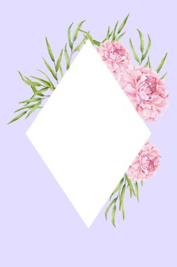 Üzerinde suluboya şakayıklar ve okaliptüs niholii filizi olan bir kart. Beyaz eşkenar dörtgen çerçeveli, elle boyanmış çiçekler ve düğün davetiyesi, tebrik kartı ve klasik tasarım için mükemmel yapraklar. Görüntü