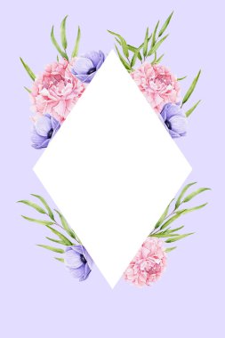 Suluboya şakayıklar, şakayıklar, okaliptüs Nicholii salkımları olan bir kart. Elle boyanmış çiçekli beyaz eşkenar dörtgen çerçeve düğün davetiyesi, tebrik kartı ve klasik tasarım için mükemmel.